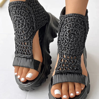 2024 Hot Seller New Gold Knitted Sandals for Women Braided Elastic Summer Shoes