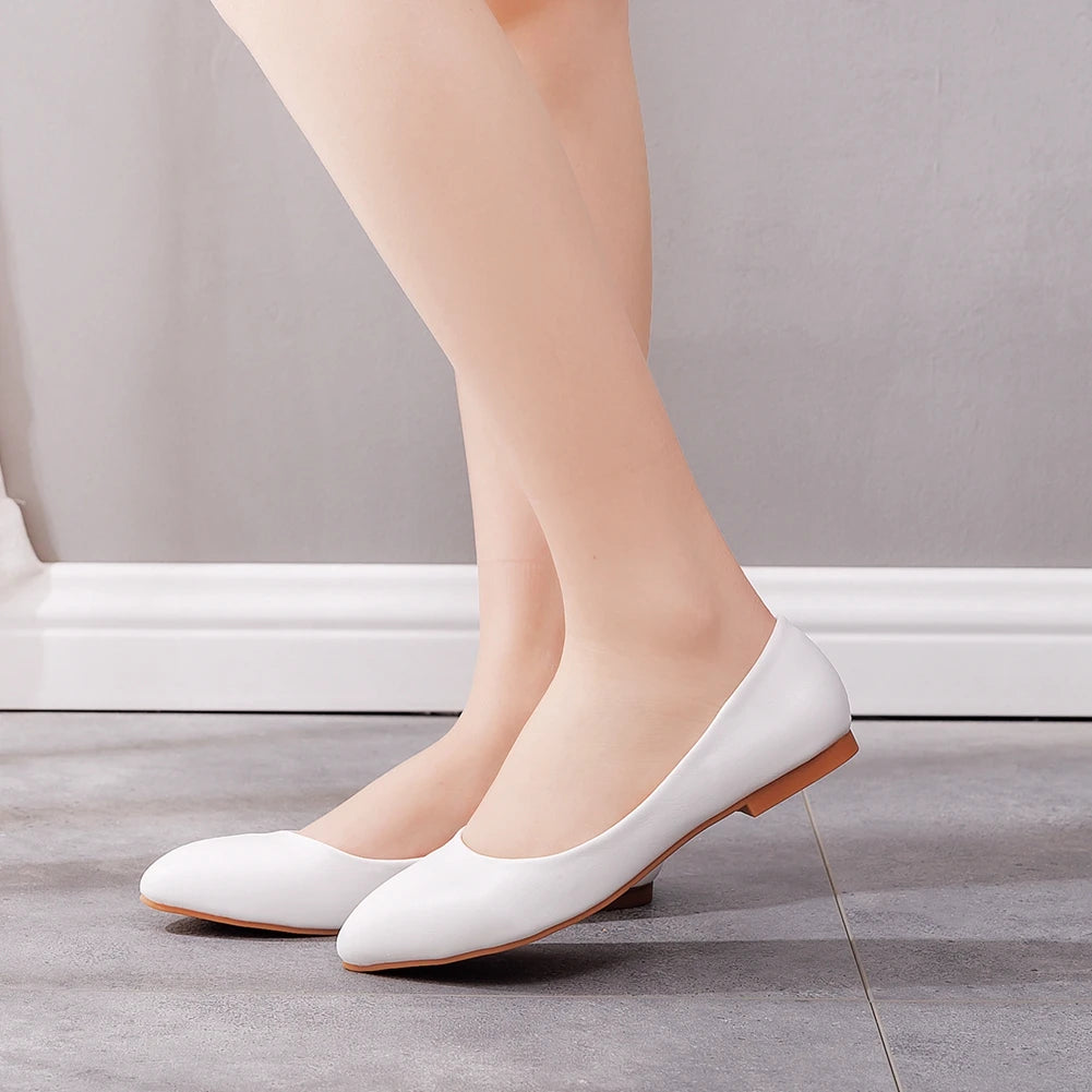 Crystal Queen New Women Shoes Leather Platform Heels White Pointed Toe Girl Flats