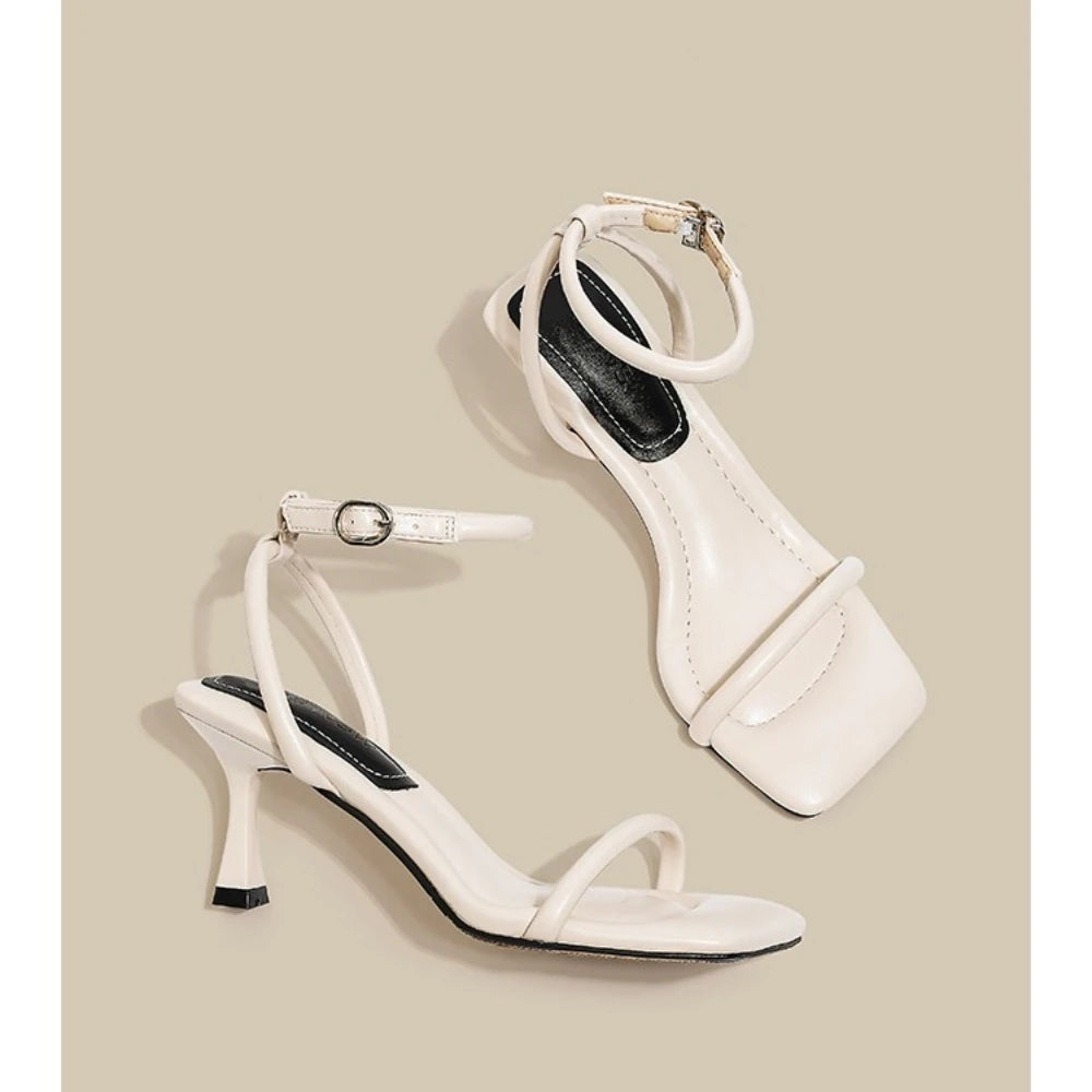 Black Ankle-Strap Buckle Sandal Summer Square Toe Ladies Stiletto High Heel Shoes