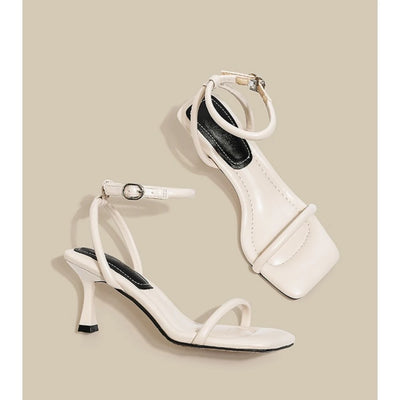 Black Ankle-Strap Buckle Sandal Summer Square Toe Ladies Stiletto High Heel Shoes