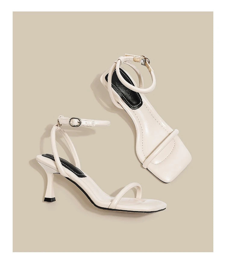 Black Ankle-Strap Buckle Sandal Summer Square Toe Ladies Stiletto High Heel Shoes