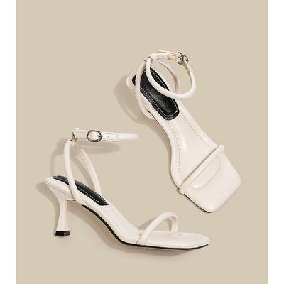 Black Ankle-Strap Buckle Sandal Summer Square Toe Ladies Stiletto High Heel Shoes