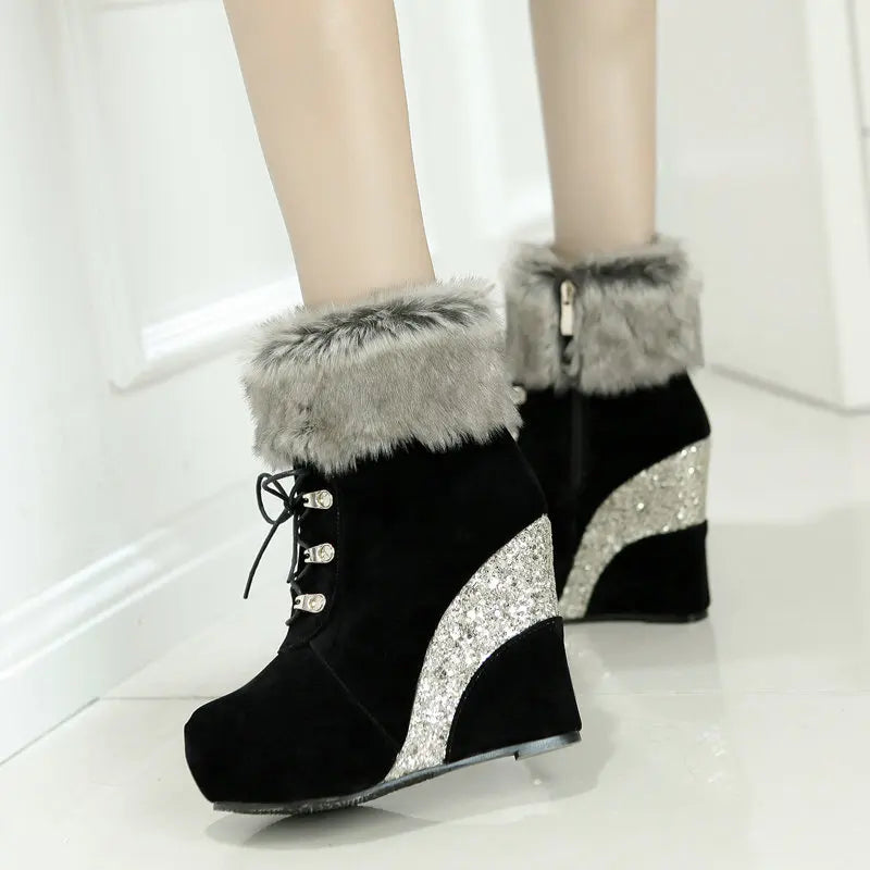 Wedge Shoes Women Suede Snow Boots Warm Plush Booties