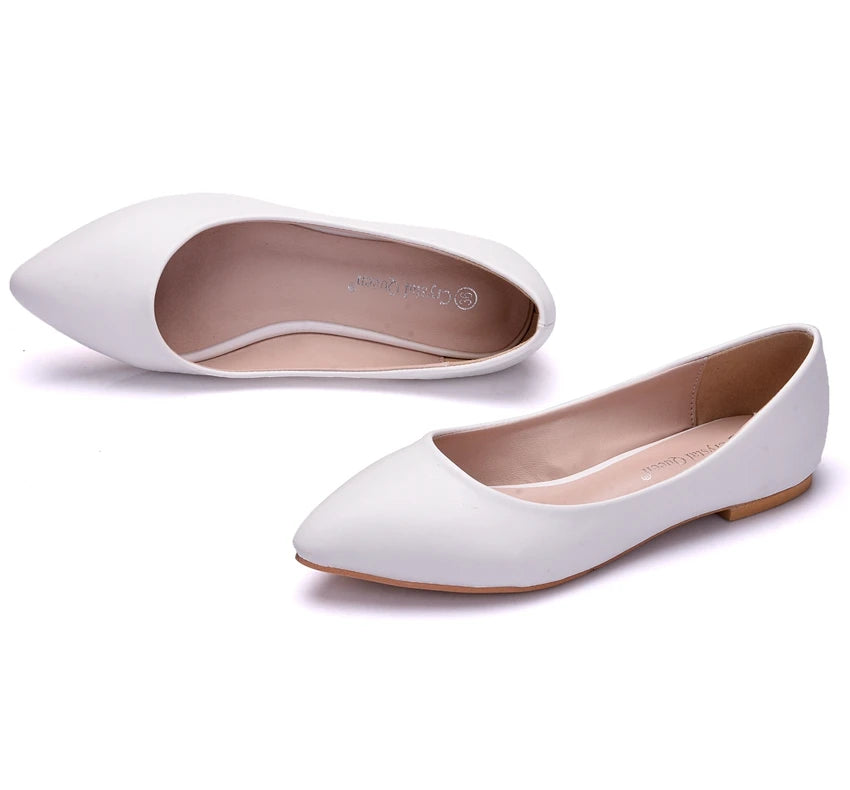 Crystal Queen New Women Shoes Leather Platform Heels White Pointed Toe Girl Flats