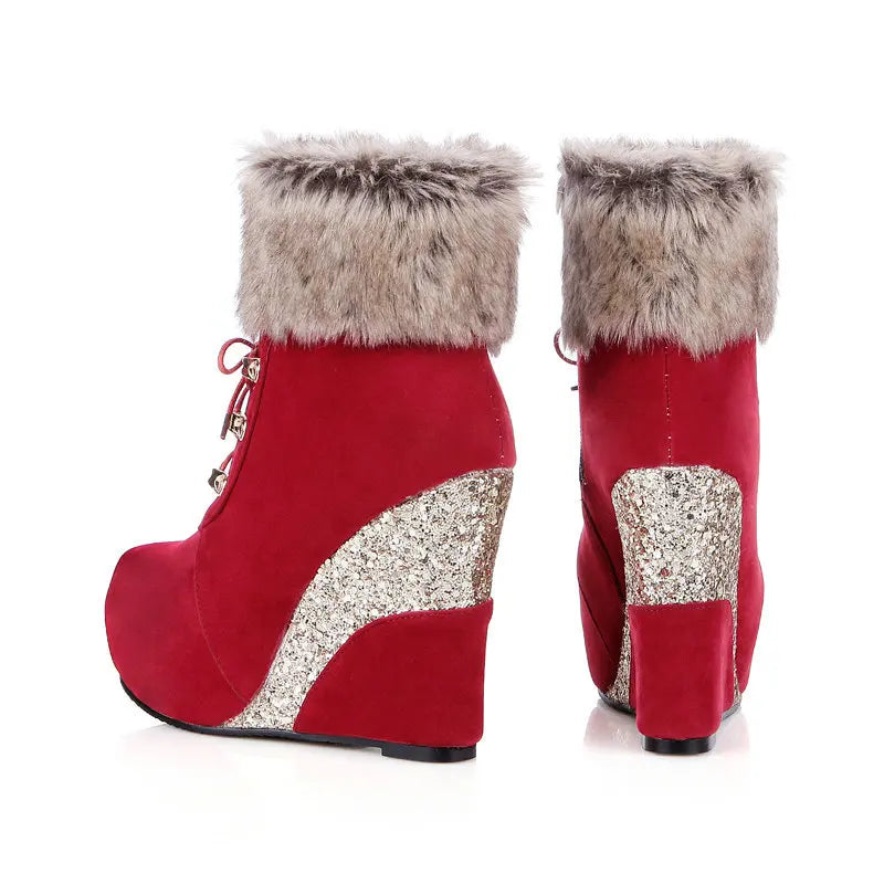 Wedge Shoes Women Suede Snow Boots Warm Plush Booties