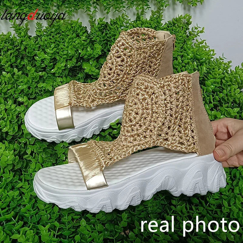 2024 Hot Seller New Gold Knitted Sandals for Women Braided Elastic Summer Shoes