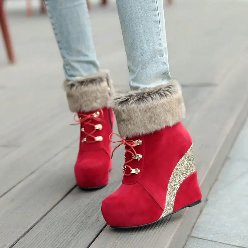 Wedge Shoes Women Suede Snow Boots Warm Plush Booties