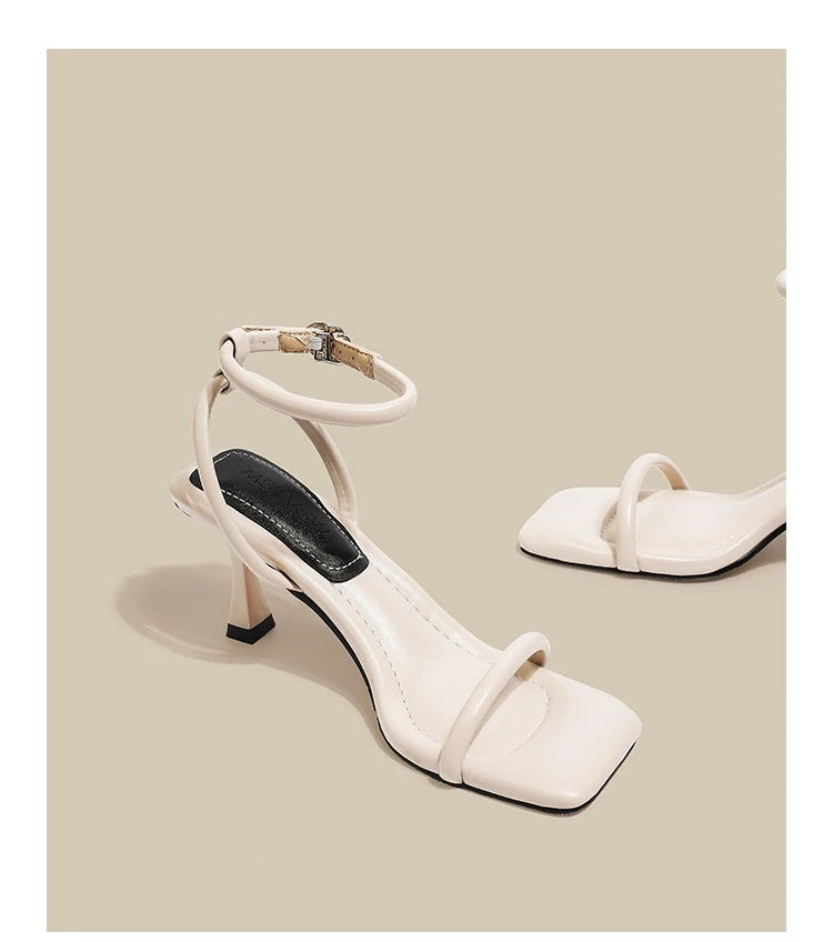 Black Ankle-Strap Buckle Sandal Summer Square Toe Ladies Stiletto High Heel Shoes