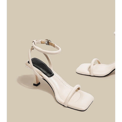 Black Ankle-Strap Buckle Sandal Summer Square Toe Ladies Stiletto High Heel Shoes