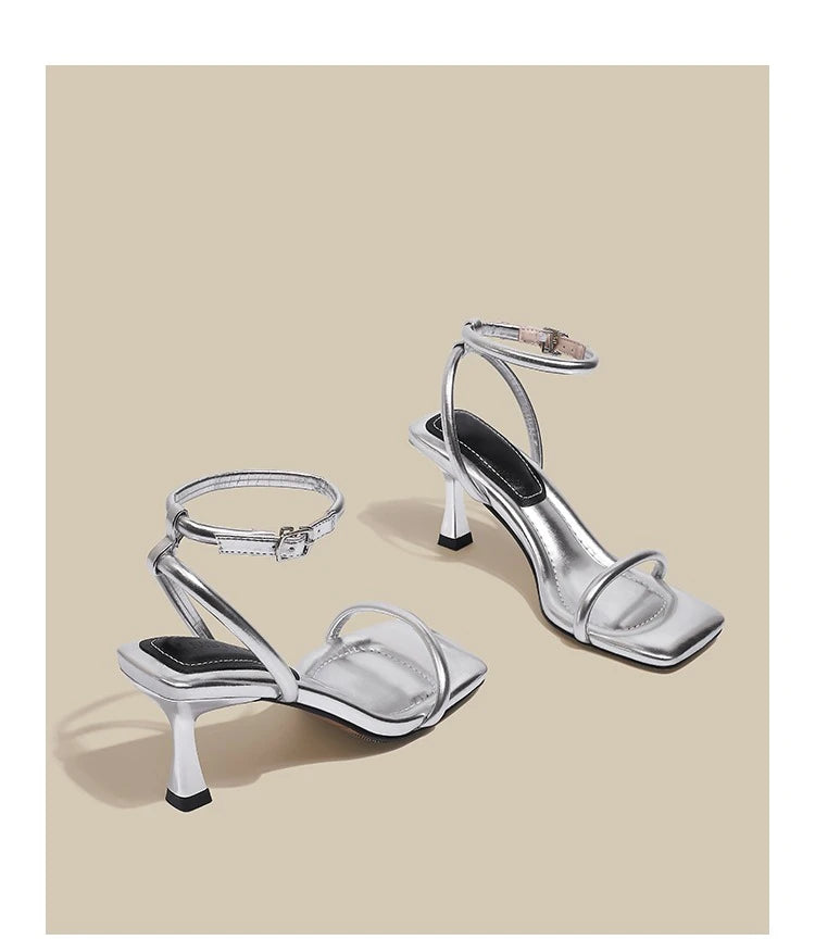 Black Ankle-Strap Buckle Sandal Summer Square Toe Ladies Stiletto High Heel Shoes