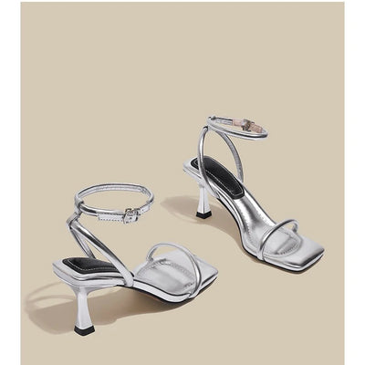 Black Ankle-Strap Buckle Sandal Summer Square Toe Ladies Stiletto High Heel Shoes