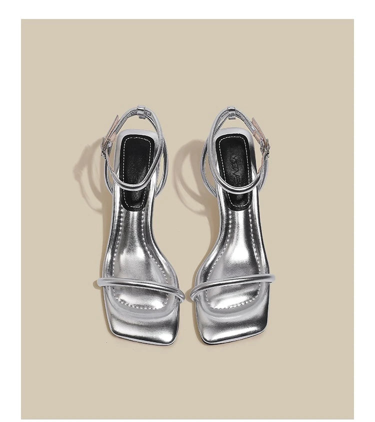 Black Ankle-Strap Buckle Sandal Summer Square Toe Ladies Stiletto High Heel Shoes