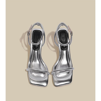 Black Ankle-Strap Buckle Sandal Summer Square Toe Ladies Stiletto High Heel Shoes