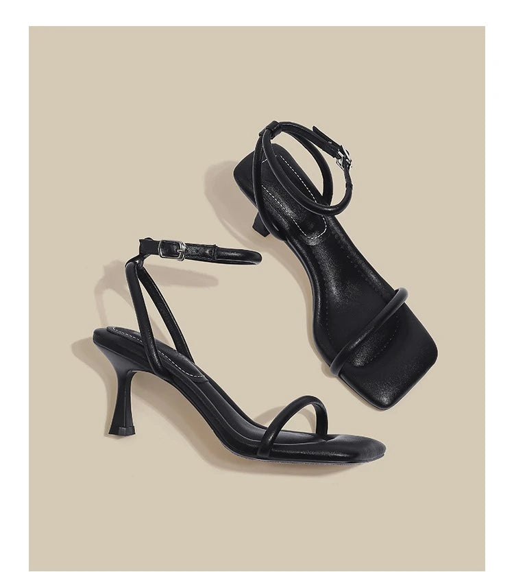 Black Ankle-Strap Buckle Sandal Summer Square Toe Ladies Stiletto High Heel Shoes