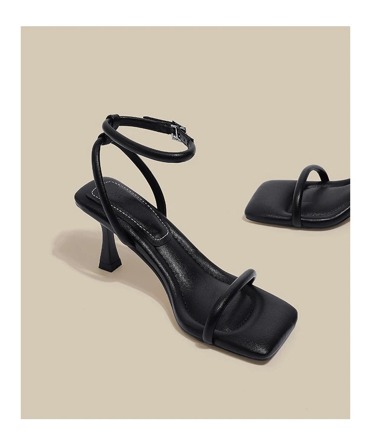 Black Ankle-Strap Buckle Sandal Summer Square Toe Ladies Stiletto High Heel Shoes