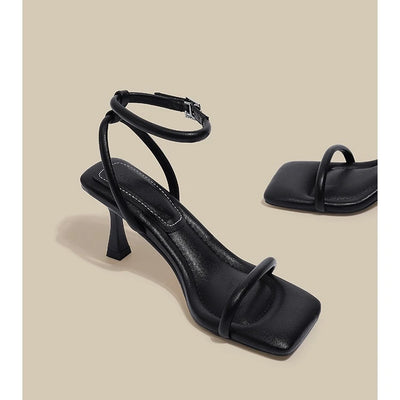 Black Ankle-Strap Buckle Sandal Summer Square Toe Ladies Stiletto High Heel Shoes